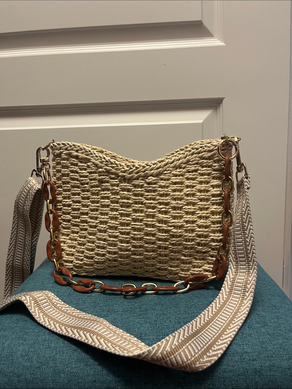 Woven Straw Crossbody Bag with Gold & Brown Chain Accent - Natural Beige